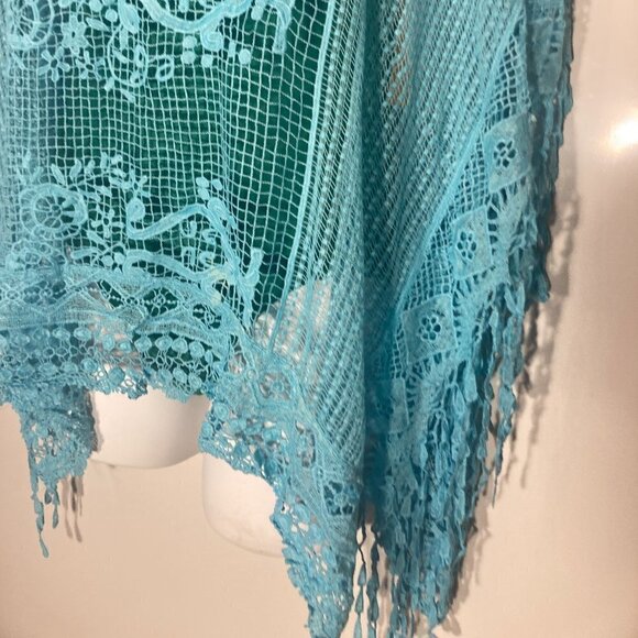 Chico's SZ OS Aqua blue cotton crochet lace poncho Boho Chic Beach Cottage 70's - Picture 7 of 11